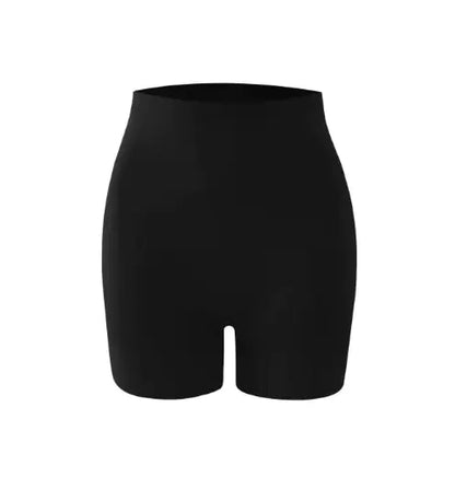 Black high-waisted shorts on a white background